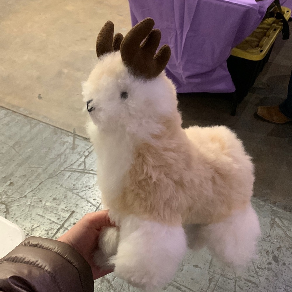 Reindeer stuffed animal made out of baby alpaca fur.